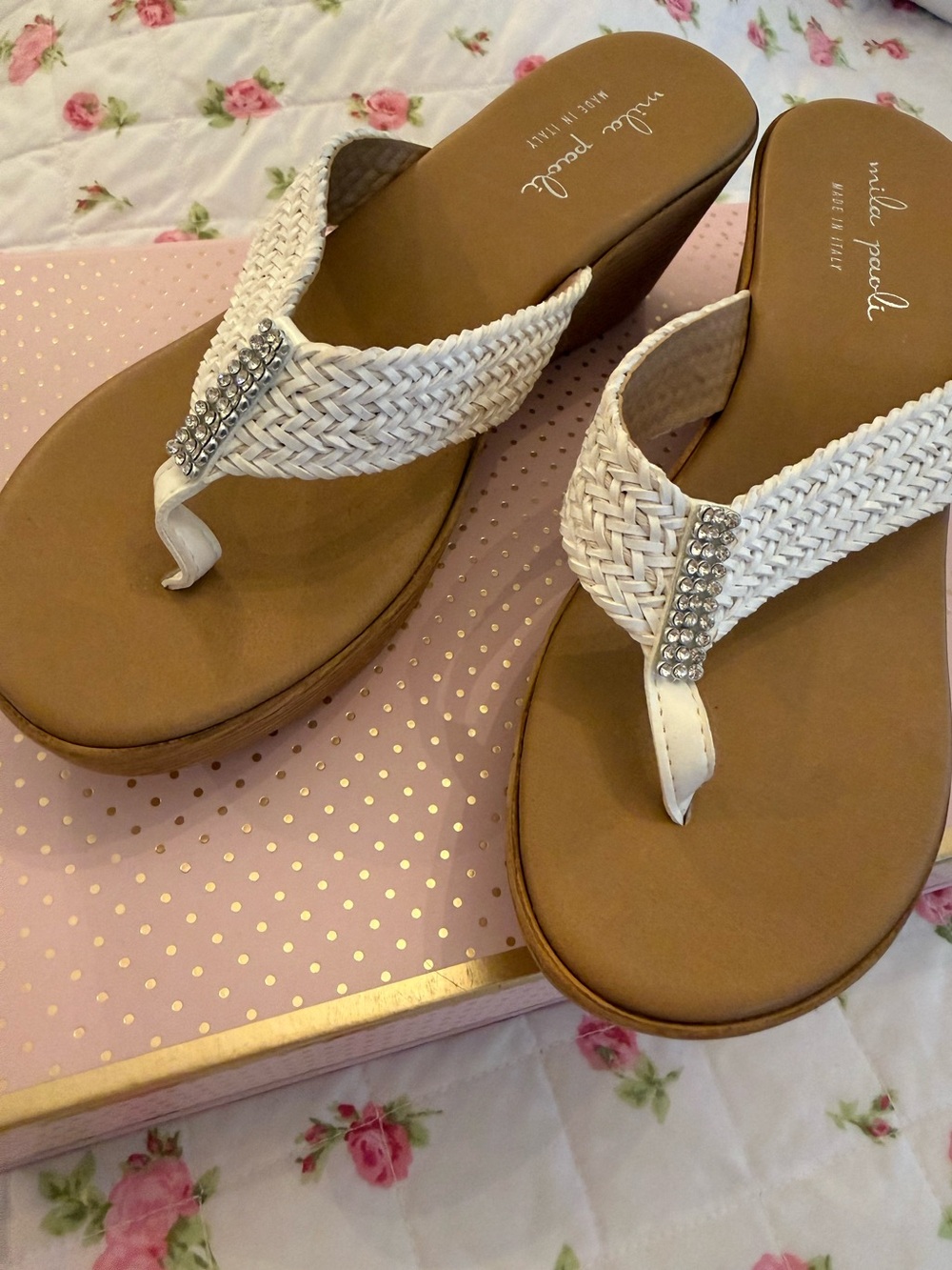 Mila Paoli Made in Italy White Woven Wedge Thong Sandals